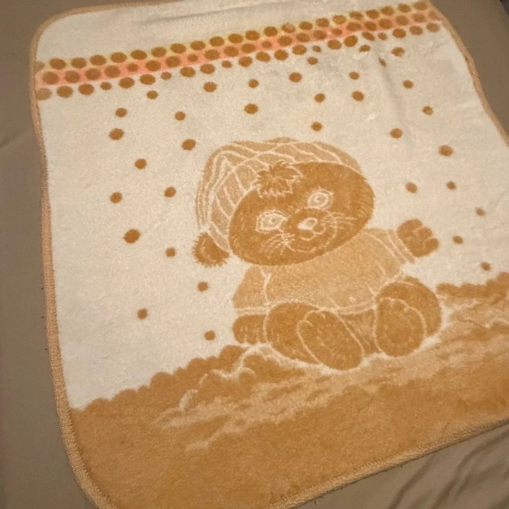 VTG San Marcos Baby Blanket Reversible Teddy Bear Snow Acrylic 50
